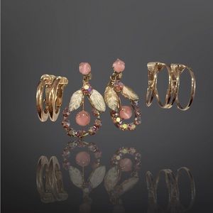 Lot of 3 Vintage Clip-on Earrings, 2 gold hoops, 1 pink Dangler